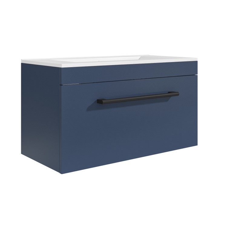 800mm Blue Wall Hung Vanity Unit with Basin and Black Handle - Ashford