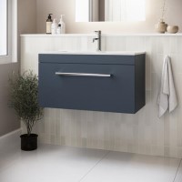 800mm Blue Wall Hung Vanity Unit with Basin and Chrome Handle - Ashford