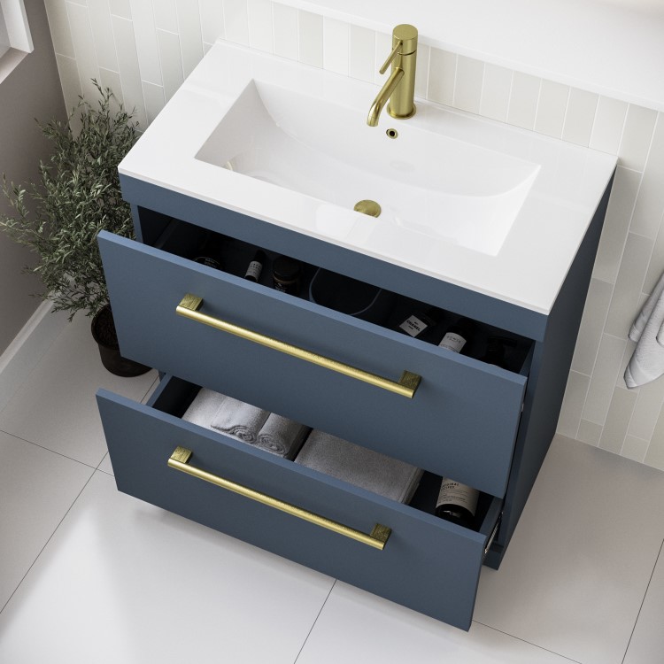 800mm Blue Freestanding Vanity Unit with Basin and Brass Handle - Ashford