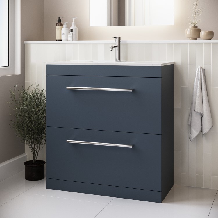 800mm Blue Freestanding Vanity Unit with Basin and Chrome Handle - Ashford