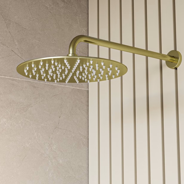 Brushed Brass Round Shower Head 250mm and Wall Arm - Arissa