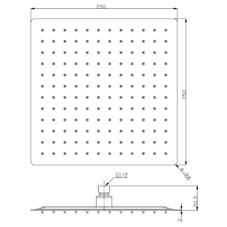 Zana Matt Black 250mm Slim Square Shower Head and Ceiling Arm 