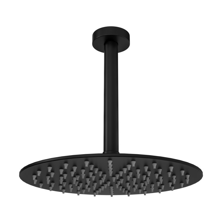 Black 250mm Slim Round Shower Head and Ceiling Arm - Arissa