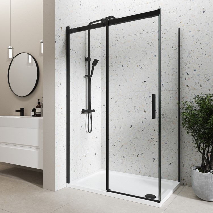 Black 8mm Glass Frameless Rectangular Sliding Shower Enclosure 1000x700mm - Aquila