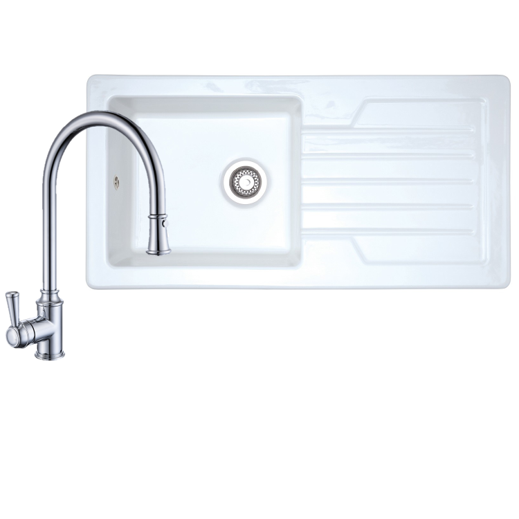 1 Bowl Alexandra Reversible Ceramic Kitchen Sink & Evelyn Chrome Pull Out Kitchen Mixer Tap