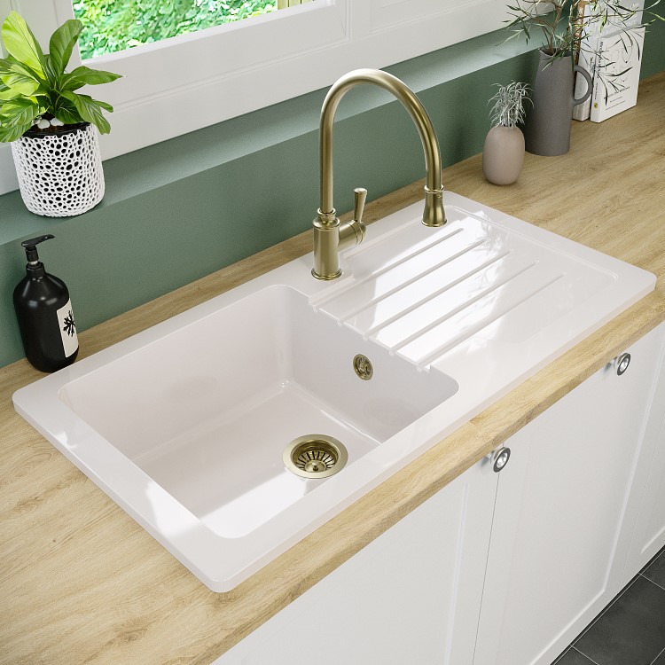 1 Bowl Alexandra Ceramic Sink & Evelyn Brass Pull Out Kitchen Mixer Tap