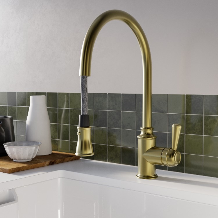 1 Bowl Alexandra Ceramic Sink & Evelyn Brass Pull Out Kitchen Mixer Tap