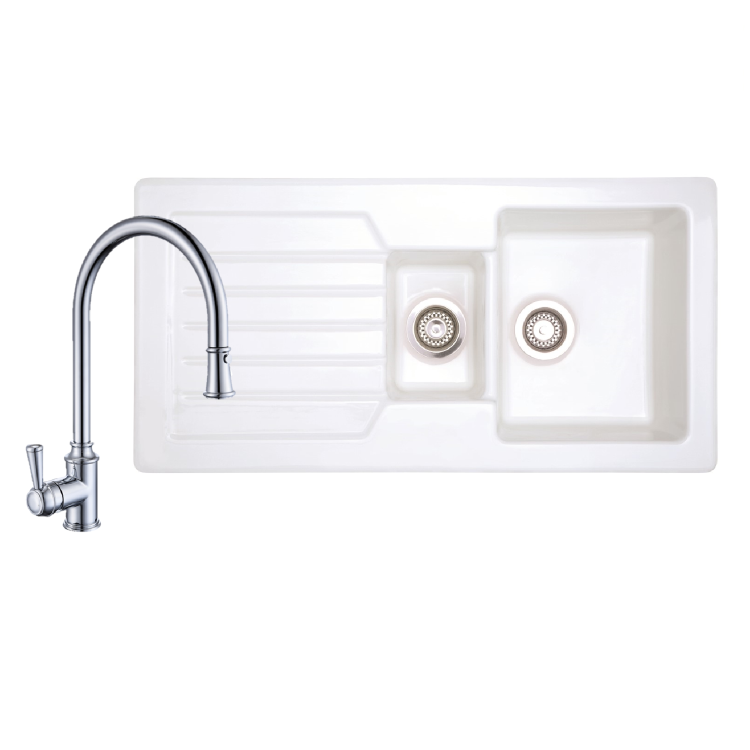 1.5 Bowl Alexandra Reversible Ceramic Kitchen Sink & Evelyn Chrome Pull Out Kitchen Mixer Tap