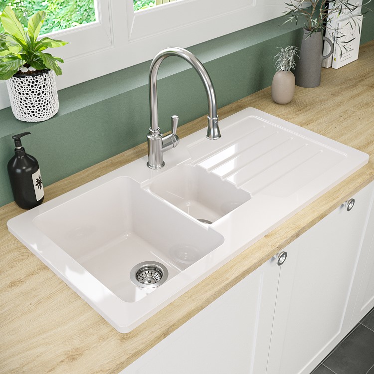 1.5 Bowl Alexandra Reversible Ceramic Kitchen Sink & Evelyn Chrome Pull Out Kitchen Mixer Tap