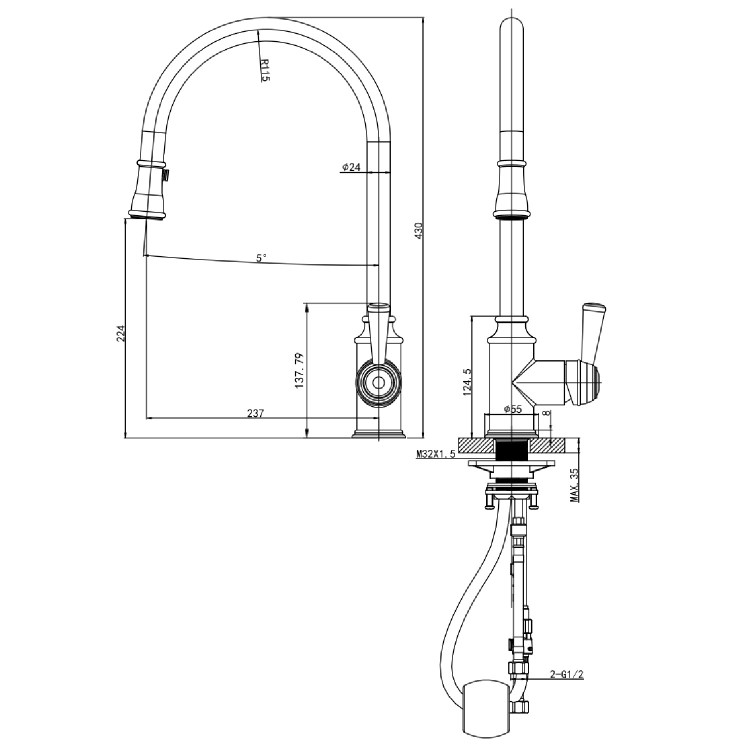 GRADE A2 - Evelyn Traditional Single Lever Monobloc Pull Out Kitchen Tap- Chrome