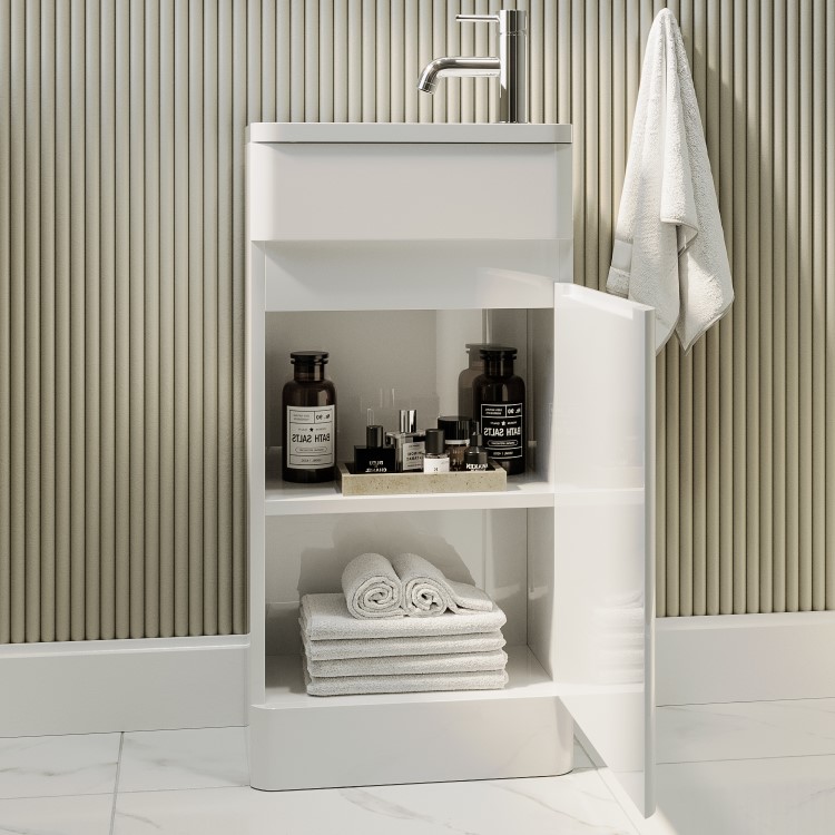 Close Coupled Toilet and White Gloss Basin Vanity Unit Cloakroom Suite - Pendle