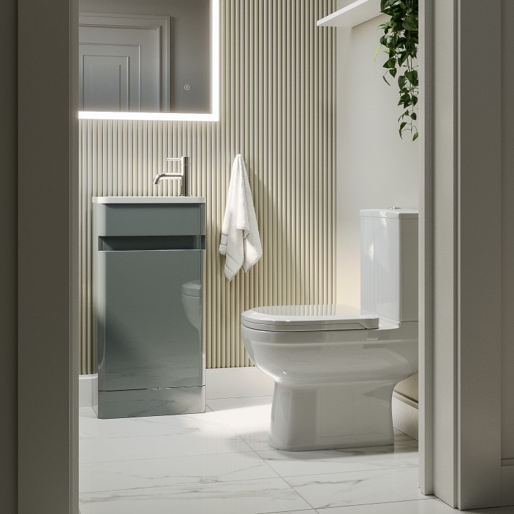 Close Coupled Toilet and Grey Gloss Basin Vanity Unit Cloakroom Suite - Pendle