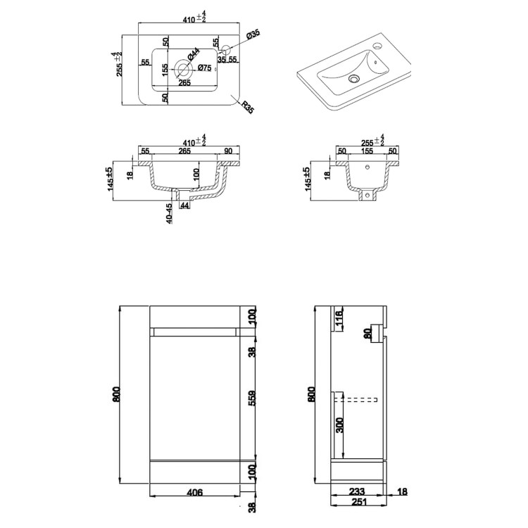 Close Coupled Toilet and Dark Grey Gloss Basin Vanity Unit Cloakroom Suite - Pendle