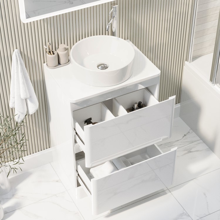 600mm White Freestanding Countertop Vanity Unit with Basin - Pendle