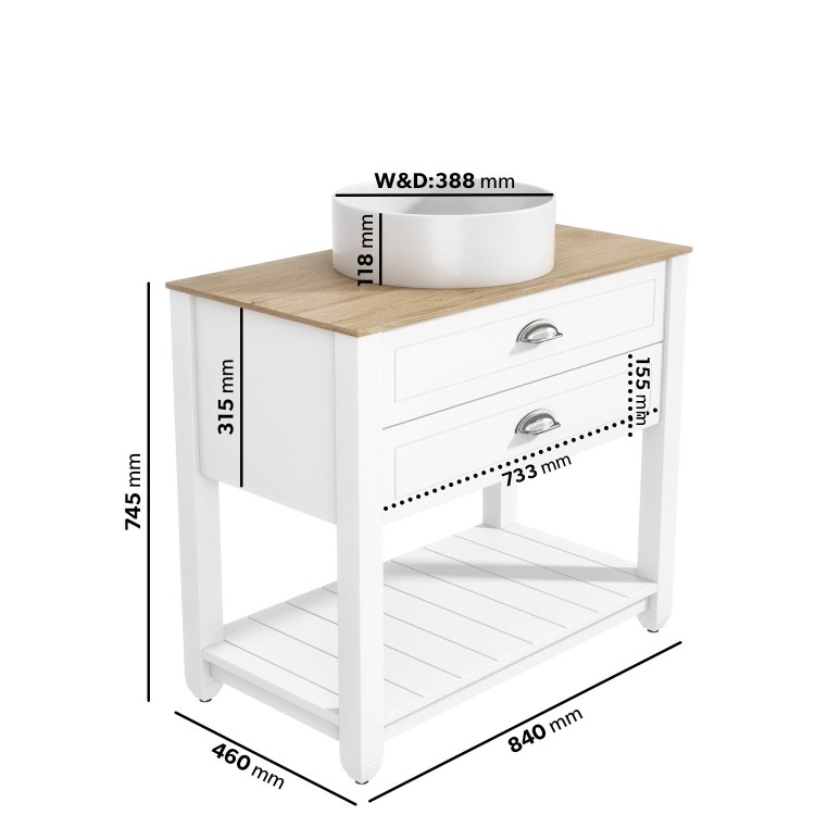 850mm White Traditional Freestanding Vanity Unit with Basin and Chrome Handles - Kentmere