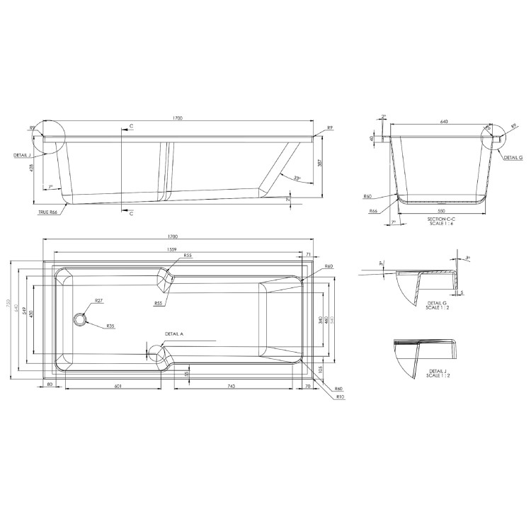 Single Ended Shower Bath with Front Panel & Brass Bath Screen 1700 x 750mm - Cotswold