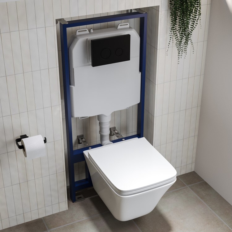 Wall Hung Rimless Toilet  - Includes Cistern Wall Hung Frame Soft Close Seat and Black Flush Plate - Boston