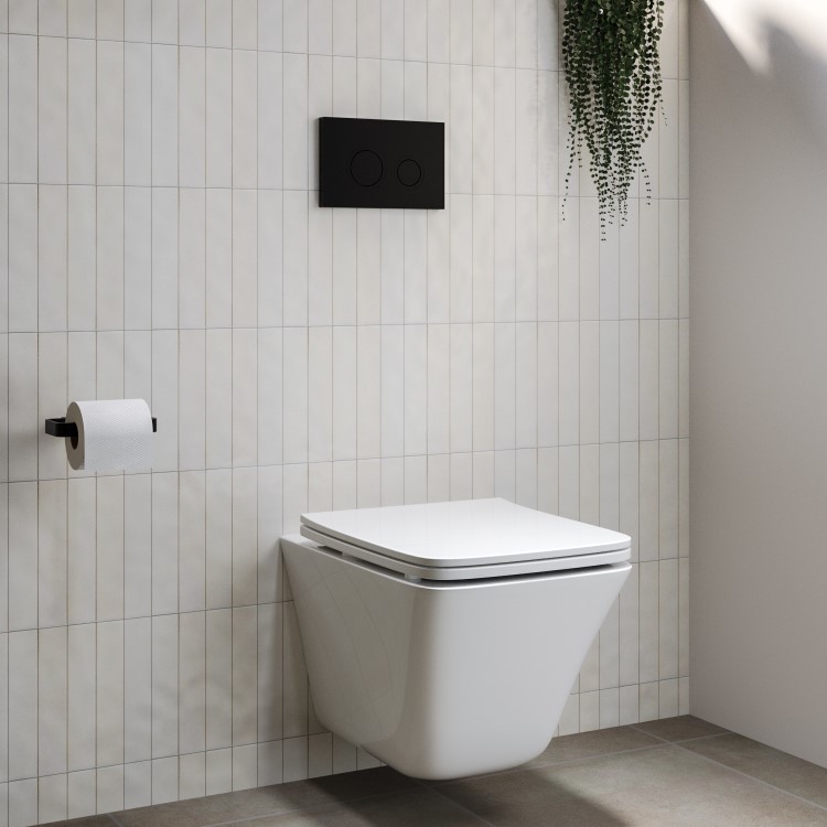 Wall Hung Rimless Toilet  - Includes Cistern Wall Hung Frame Soft Close Seat and Black Flush Plate - Boston