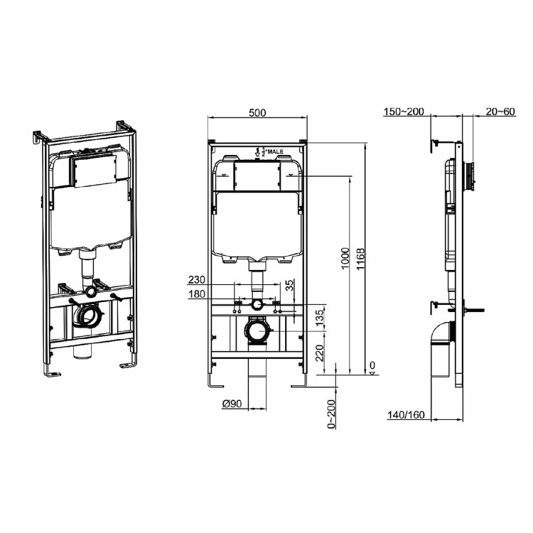 Wall Hung Rimless Toilet  - Includes Cistern Wall Hung Frame Soft Close Seat and Brushed Brass Flush Plate - Boston