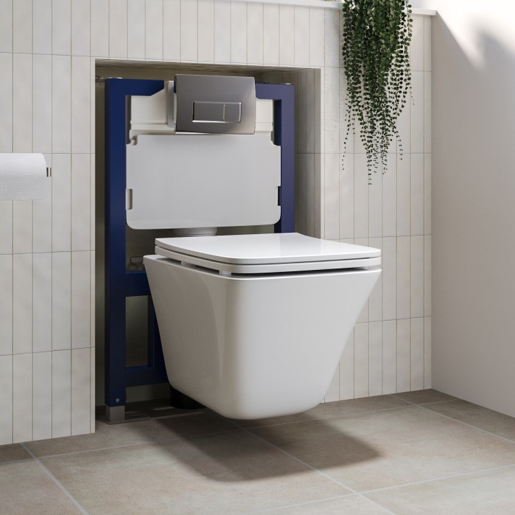 Wall Hung Toilet with Soft Close Seat Chrome Pneumatic Flush Plate 820mm Frame & Cistern - Boston