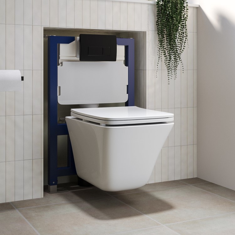 Wall Hung Toilet with Soft Close Seat Black  Pneumatic Flush Plate 820mm Frame & Cistern - Boston