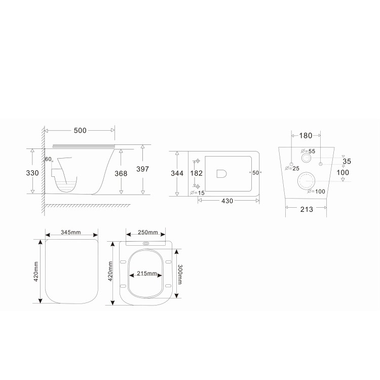 Wall Hung Toilet with Soft Close Seat Black Glass Sensor Pneumatic Flush Plate 820mm Frame & Cistern - Boston