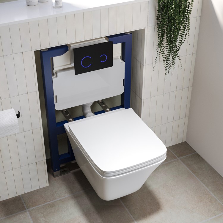 Wall Hung Toilet with Soft Close Seat Black Glass Sensor Pneumatic Flush Plate 820mm Frame & Cistern - Boston