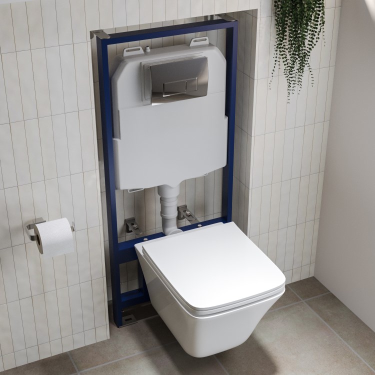 Wall Hung Toilet with Soft Close Seat Chrome Pneumatic Flush Plate 1160mm Frame & Cistern - Boston