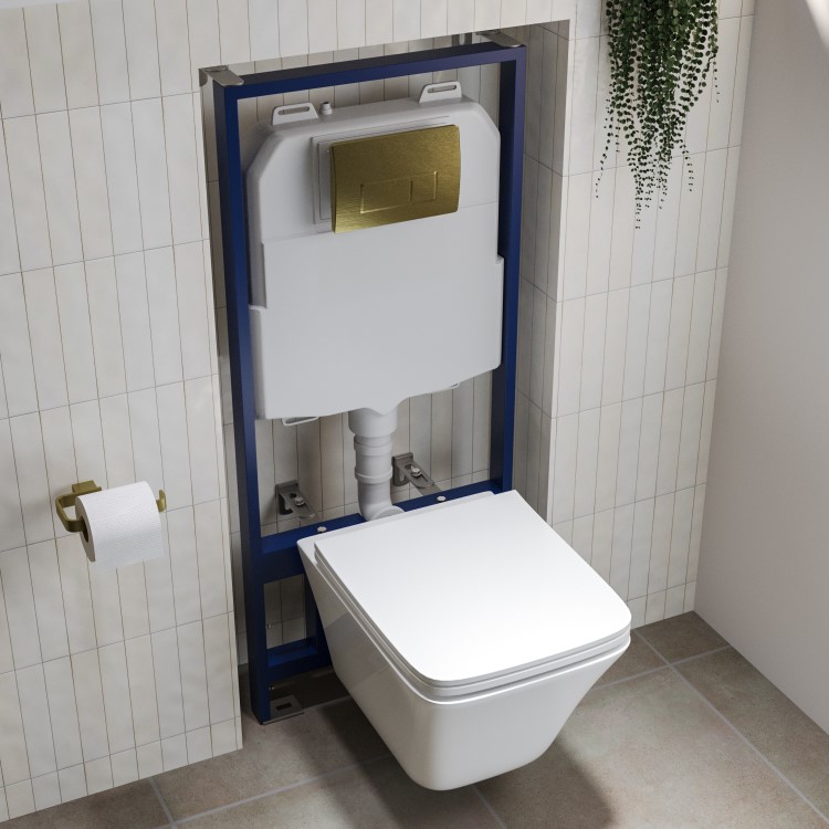 Wall Hung Toilet with Soft Close Seat Brushed Brass Pneumatic Flush Plate 1160mm Frame & Cistern - Boston