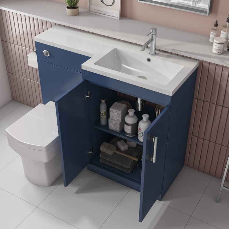 1100mm Blue Toilet and Sink Unit Right Hand with Square Toilet and Chrome Fittings - Ashford