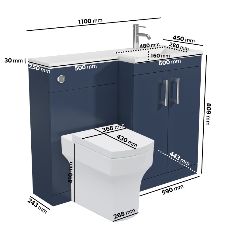 1100mm Blue Toilet and Sink Unit Right Hand with Square Toilet and Chrome Fittings - Ashford