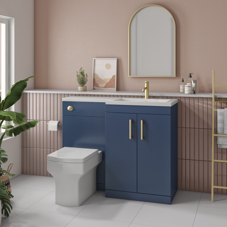 1100mm Blue Toilet and Sink Unit Right Hand with Square Toilet and Brass Fittings - Ashford