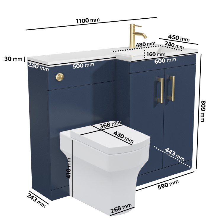 1100mm Blue Toilet and Sink Unit Right Hand with Square Toilet and Brass Fittings - Ashford