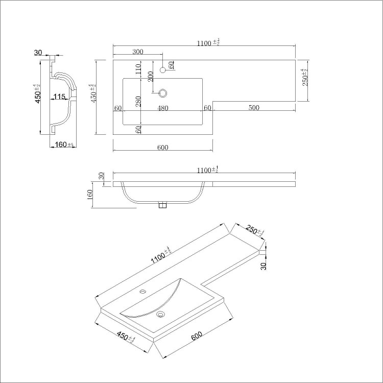 1100mm  Grey Toilet and Sink Unit Left Hand with Brass Fittings - Ashford