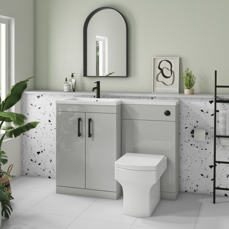 1100mm Grey Toilet and Sink Unit Left Hand with Square Toilet and Black Fittings - Ashford