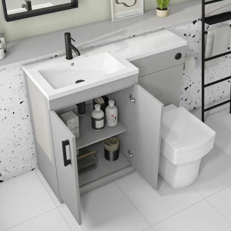 1100mm Grey Toilet and Sink Unit Left Hand with Square Toilet and Black Fittings - Ashford