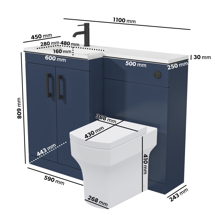 1100mm Blue Toilet and Sink Unit Left Hand with Square Toilet and Black Fittings - Ashford