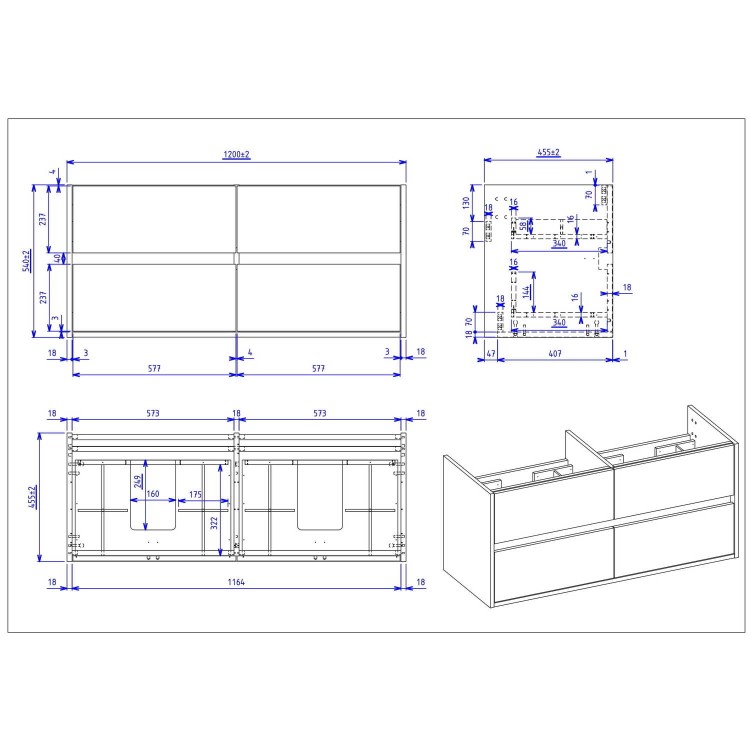 1200mm Black Wall Hung Double Vanity Unit with Basins - Roxbi