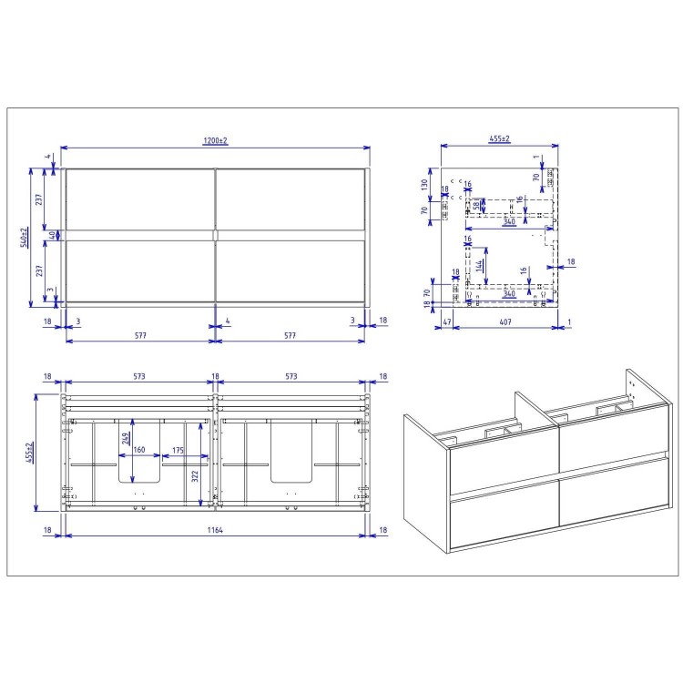 1200mm Wood Effect Wall Hung Double Countertop Vanity Unit with Basin - Roxbi