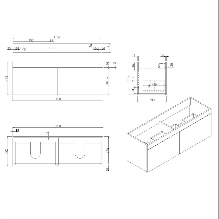 1200mm Grey Wall Hung Double Vanity Unit with Basins and Black Handles - Ashford 