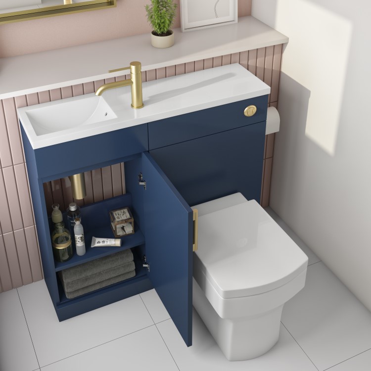 900mm Blue Cloakroom Toilet and Sink Unit with Square Toilet and Brass Fittings - Ashford