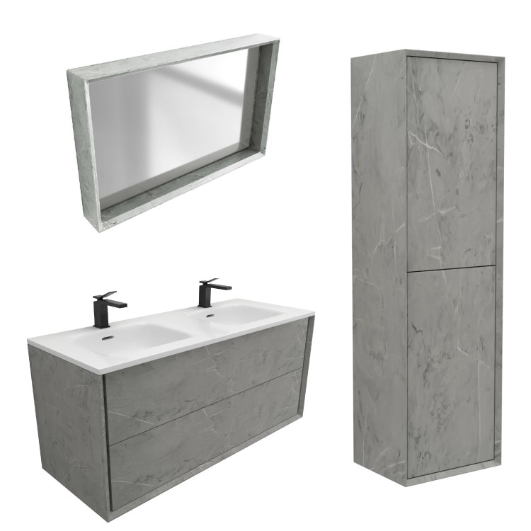 1200mm Concrete Effect Wall Hung Double Basin Vanity Unit with Cabinet and Mirror - Arragon