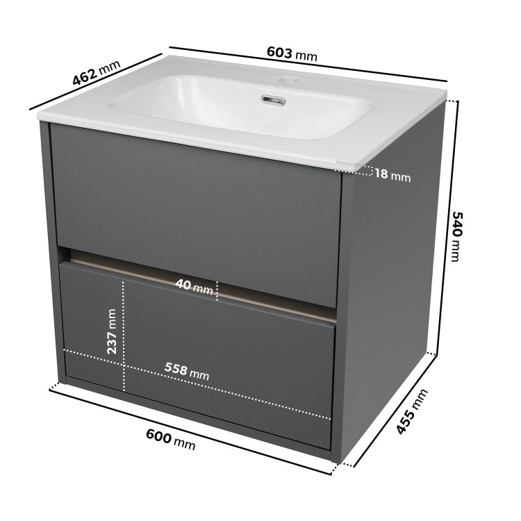 600mm Grey Wall Hung Vanity Unit with Basin - Roxbi