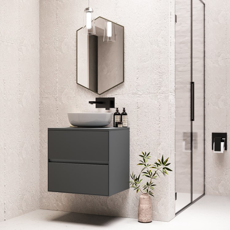 600mm Grey Wall Hung Countertop Vanity Unit with Basin - Roxbi