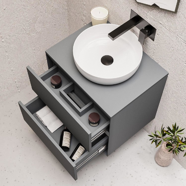 600mm Grey Wall Hung Countertop Vanity Unit with Basin - Roxbi