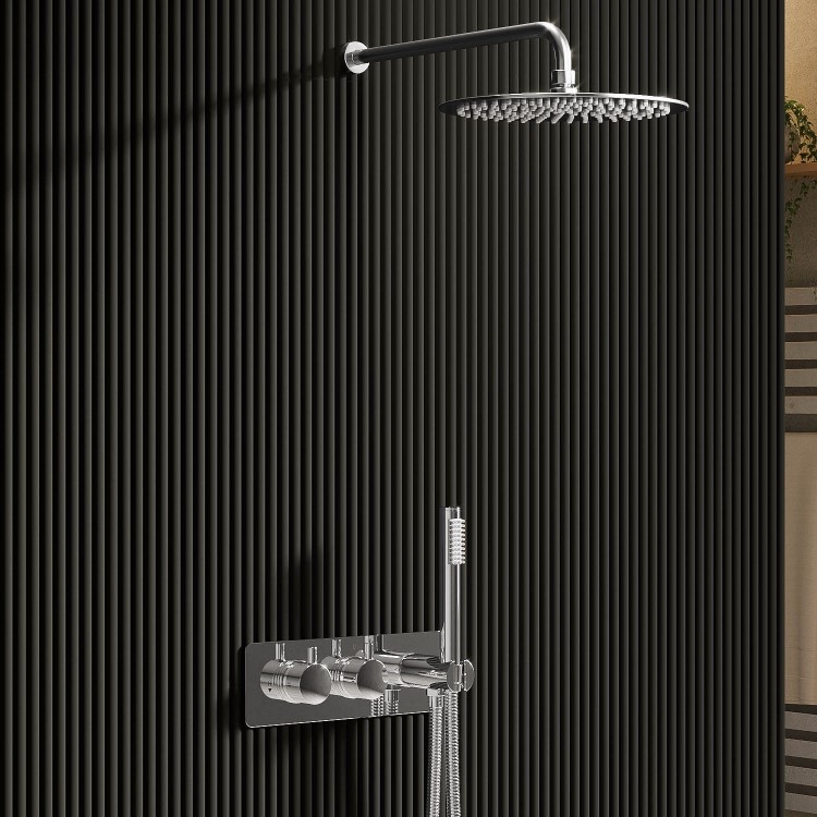 Chrome Dual Outlet Wall Mounted Thermostatic Mixer Shower Set with Hand Shower - Flow