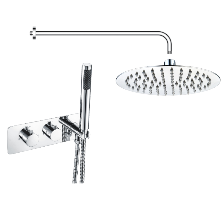 Chrome Dual Outlet Wall Mounted Thermostatic Mixer Shower Set with Hand Shower - Flow