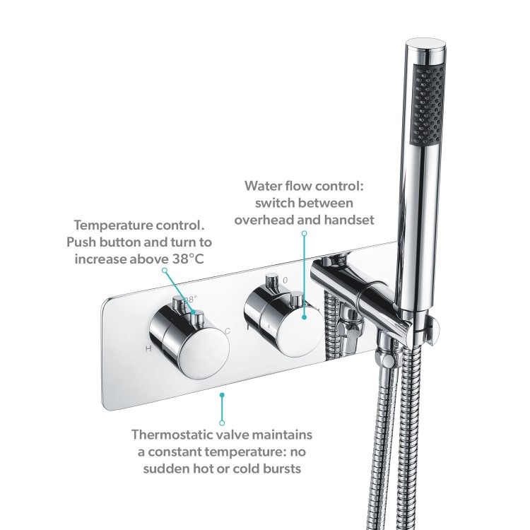 Chrome Dual Outlet Wall Mounted Thermostatic Mixer Shower Set with Hand Shower - Flow