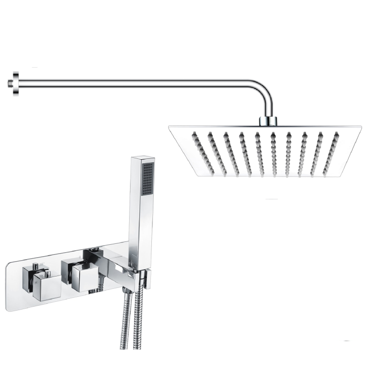 Chrome Dual Outlet Wall Mounted Thermostatic Mixer Shower Set with Hand Shower - Cube