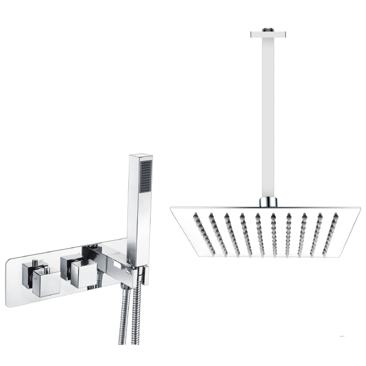 Chrome Dual Outlet Ceiling Mounted Thermostatic Mixer Shower Set with Hand Shower - Cube